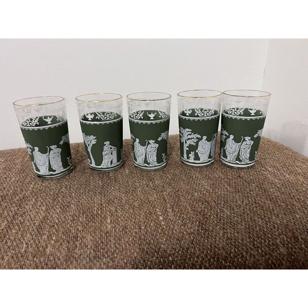 5 Hellenic Wedgwood Green Small Gold Rimmed Mid Century Jasperware Glasses